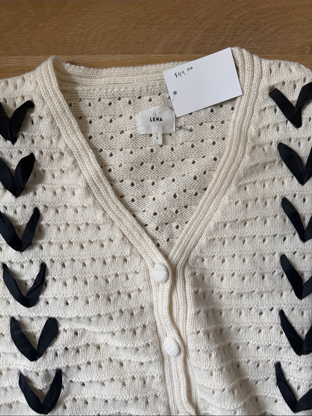 Cream Knit Button-Front Cardigan with Black Ribbon Detail - Picture 4 of 5